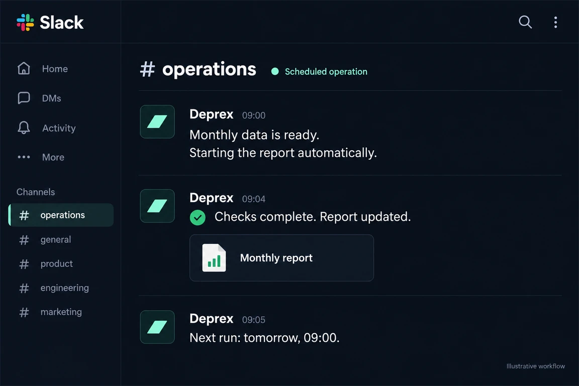 Illustrative Slack messages from Deprex: data available, automatic execution, report verified, next run scheduled.